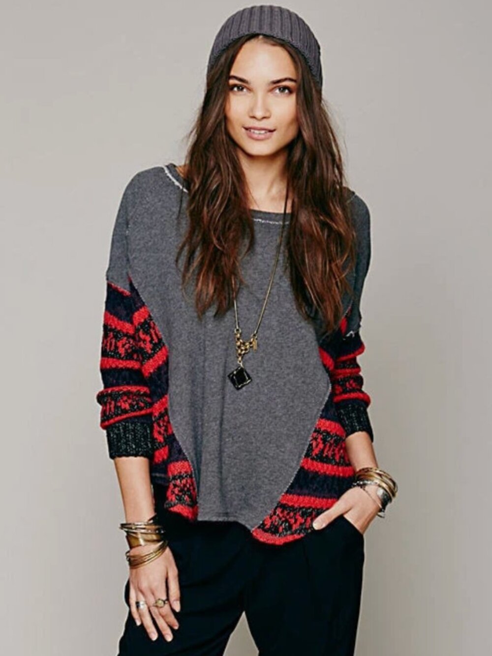 FREE PEOPLE BEAUTIFUL SINNER SWEATER KNIT TRIM SWEATSHIRT